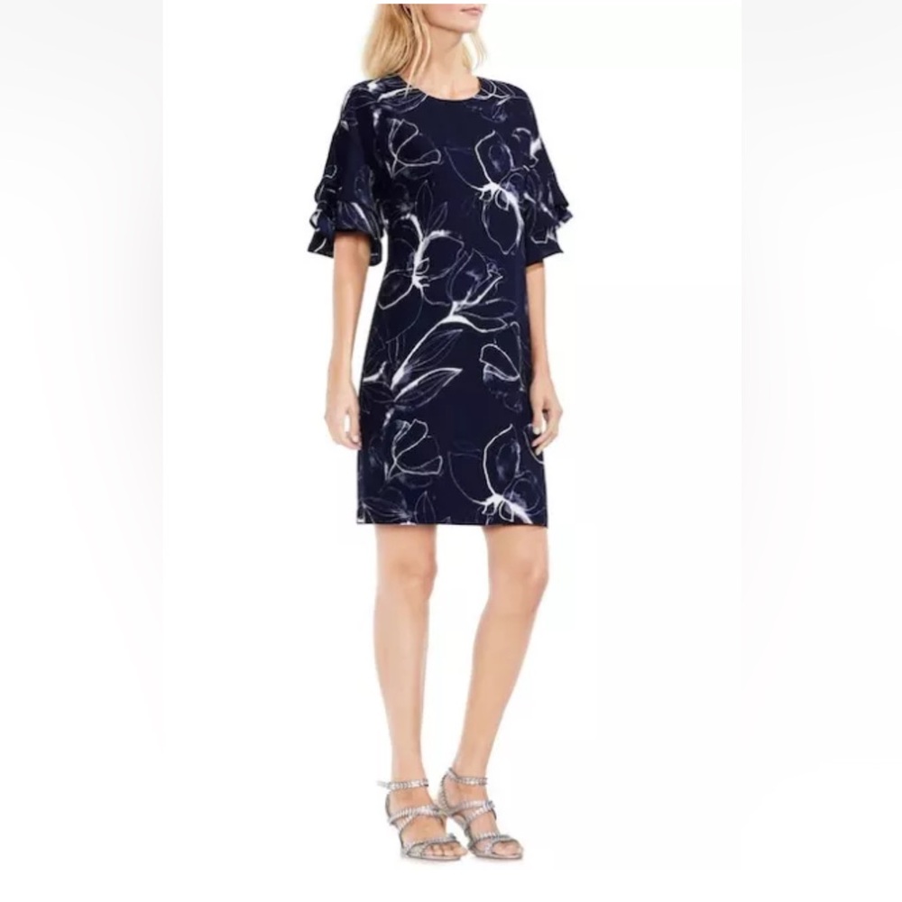 VINCE CAMUTO Navy Petal Print Ruffle Sleeve Shift Arms Dress 0